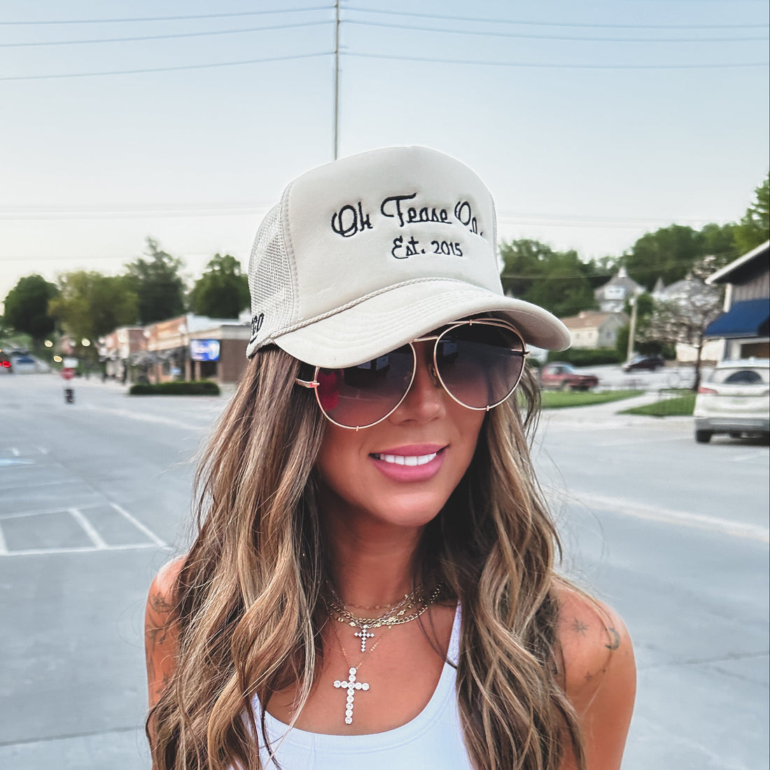 New Arrival Oatmeal Vintage Cursive Trucker Hat