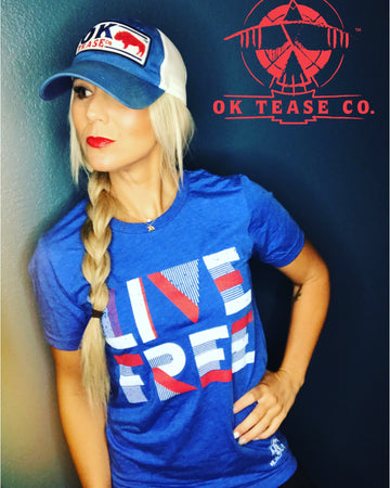 Live Free tee, Red on Blue