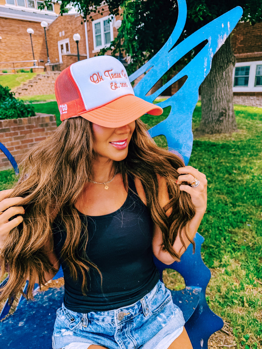 New Arrival Vintage Cursive Coral Trucker Hat