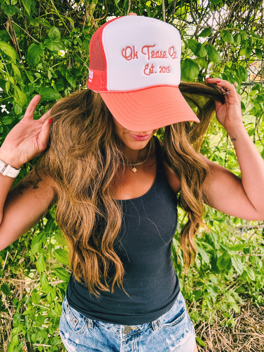 New Arrival Vintage Cursive Coral Trucker Hat