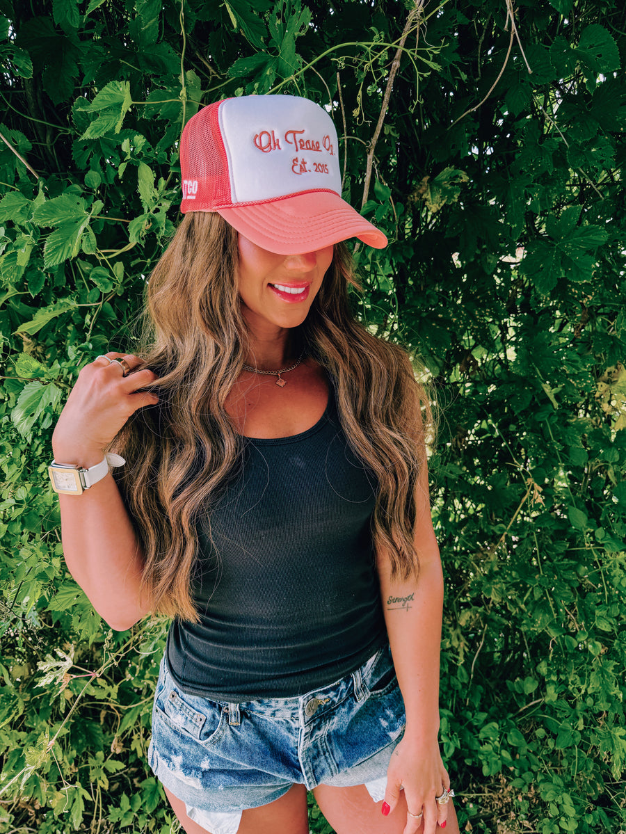 New Arrival Vintage Cursive Coral Trucker Hat